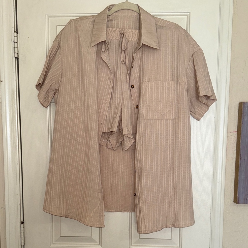SHEIN Beige Button Down Shirt And Shorts Set